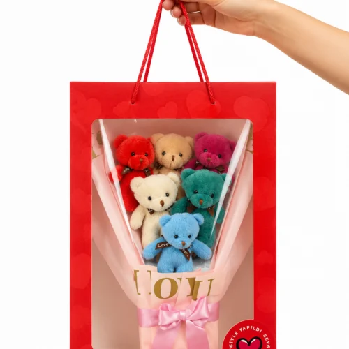 Toptan ayıcık buketi kırmızı taşıma kutulu çok renkli peluş model