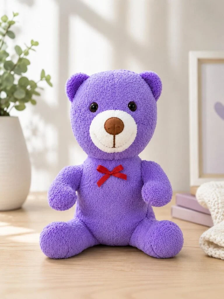 mor peluş ayıcık 25 cm kırmızı fiyonklu ön görünüm