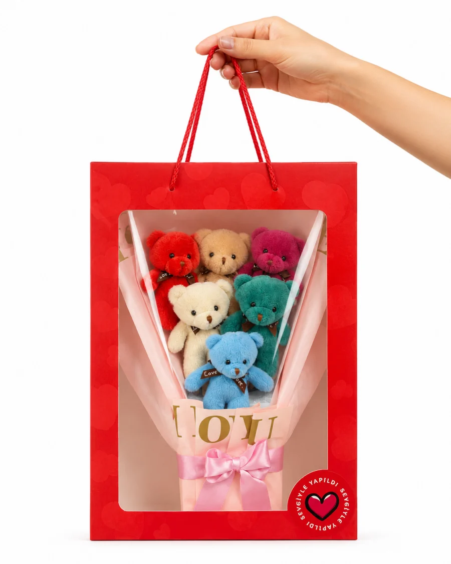 Toptan ayıcık buketi kırmızı taşıma kutulu çok renkli peluş model