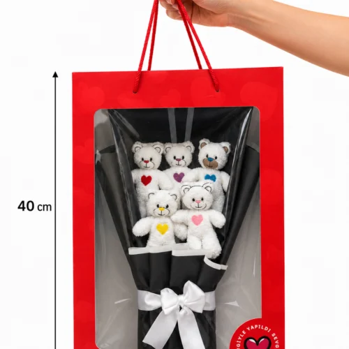 Toptan ayıcık buketi kırmızı kutuda 5 beyaz peluş ayıcık ve siyah sarım