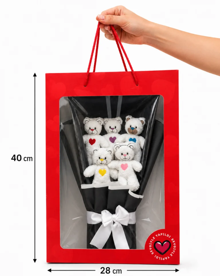 Toptan ayıcık buketi kırmızı kutuda 5 beyaz peluş ayıcık ve siyah sarım