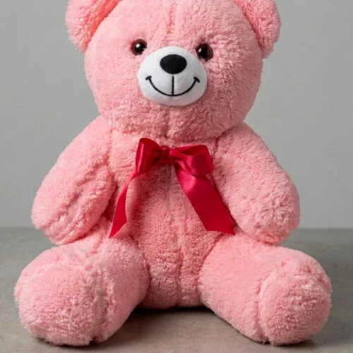 toptan peluş ayıcık pembe 35 cm kırmızı kurdeleli ön görünüm