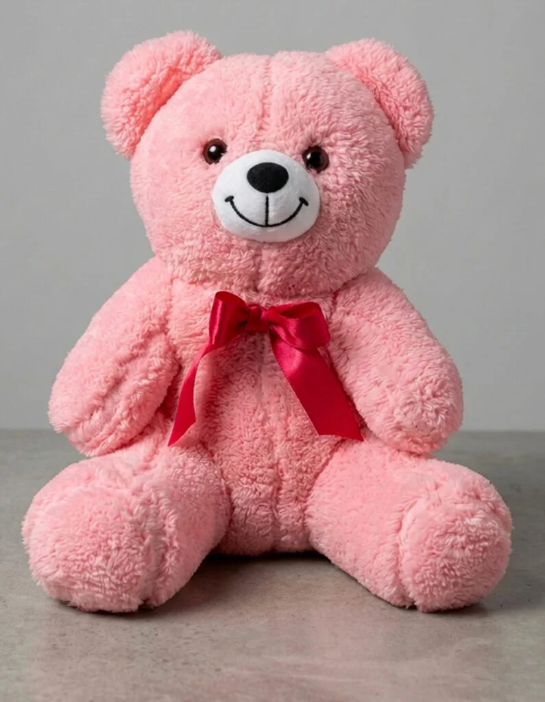 toptan peluş ayıcık pembe 35 cm kırmızı kurdeleli ön görünüm