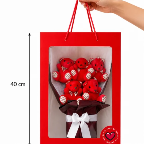 Toptan ayıcık buketi kırmızı pencereli kutuda 40x28 cm ölçülü ürün görünümü