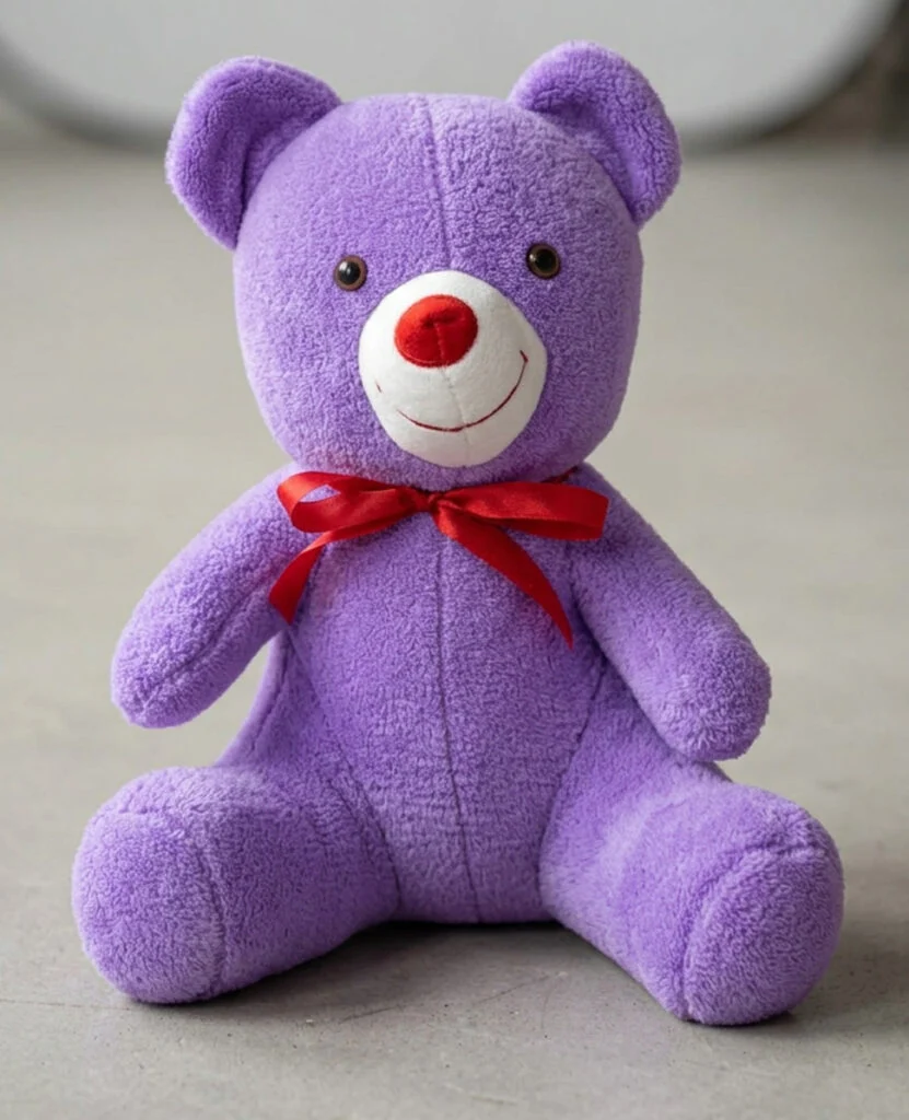 Toptan mor peluş ayıcık 35 cm kırmızı kurdeleli ön görünüm