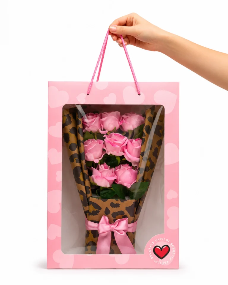 toptan gül buketi pembe yapay güller ve pencereli pembe çanta sunumu