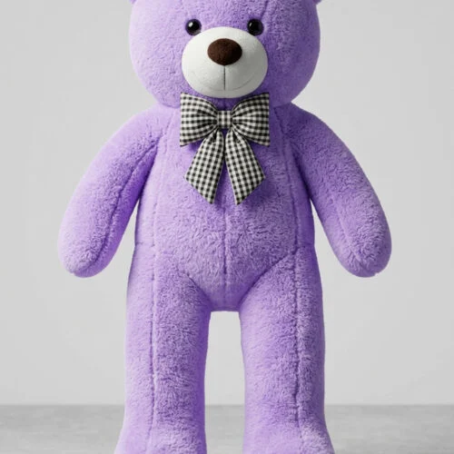 Toptan peluş ayıcık mor renkli 80 cm papyonlu model ön görünüm