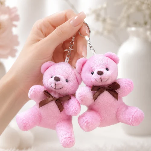 Toptan ayıcık anahtarlık pembe pelüş model ve kahverengi fiyonk detayı
