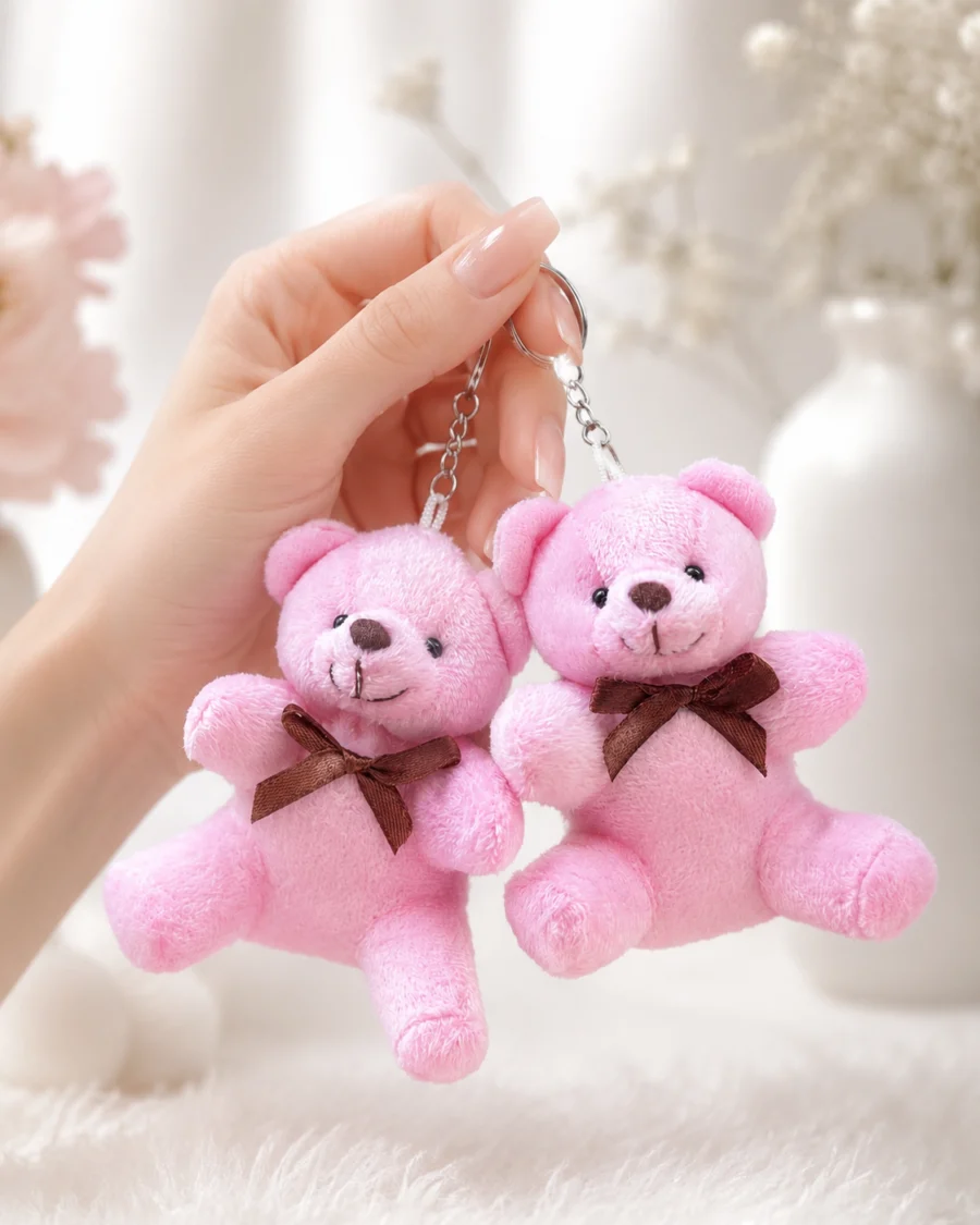 Toptan ayıcık anahtarlık pembe pelüş model ve kahverengi fiyonk detayı