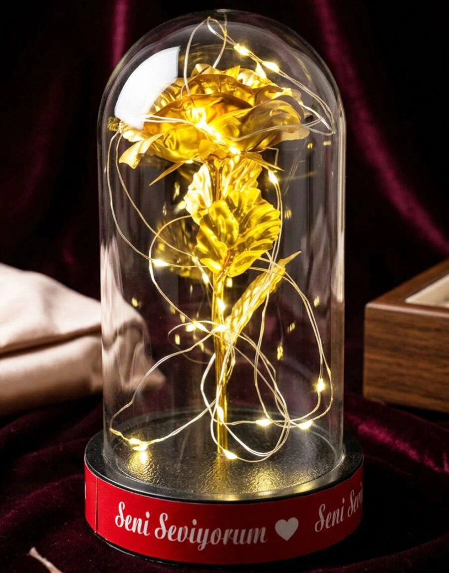 Toptan gold güllü ışıklı fanus seni seviyorum yazılı