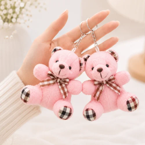 Toptan anahtarlık ayıcık pembe ekoseli kurdeleli oturan peluş model