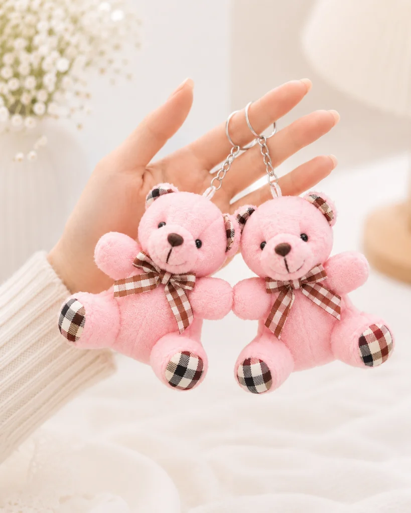 Toptan anahtarlık ayıcık pembe ekoseli kurdeleli oturan peluş model