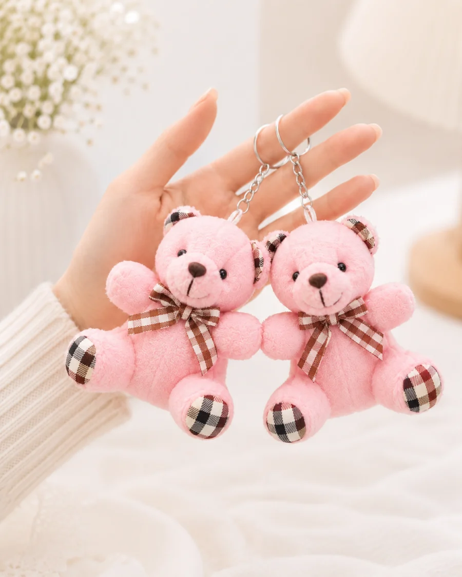 Toptan anahtarlık ayıcık pembe ekoseli kurdeleli oturan peluş model