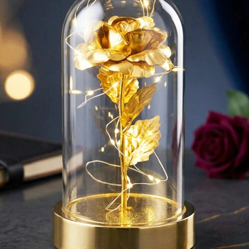Toptan gold güllü ışıklı fanus gold tabanlı hediyelik ürün