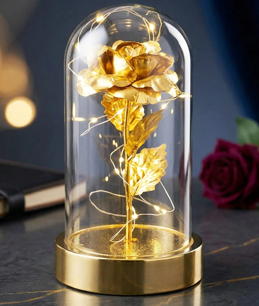 Toptan gold güllü ışıklı fanus gold tabanlı hediyelik ürün
