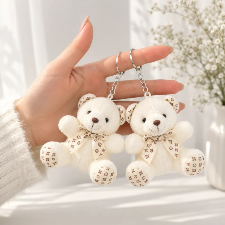 Toptan anahtarlık ayıcık beyaz peluş fiyonklu metal halkalı model
