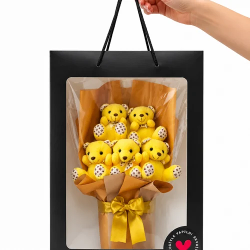 Toptan ayıcık buketi sarı peluş ayıcıklar ve siyah çantalı kutu görünümü