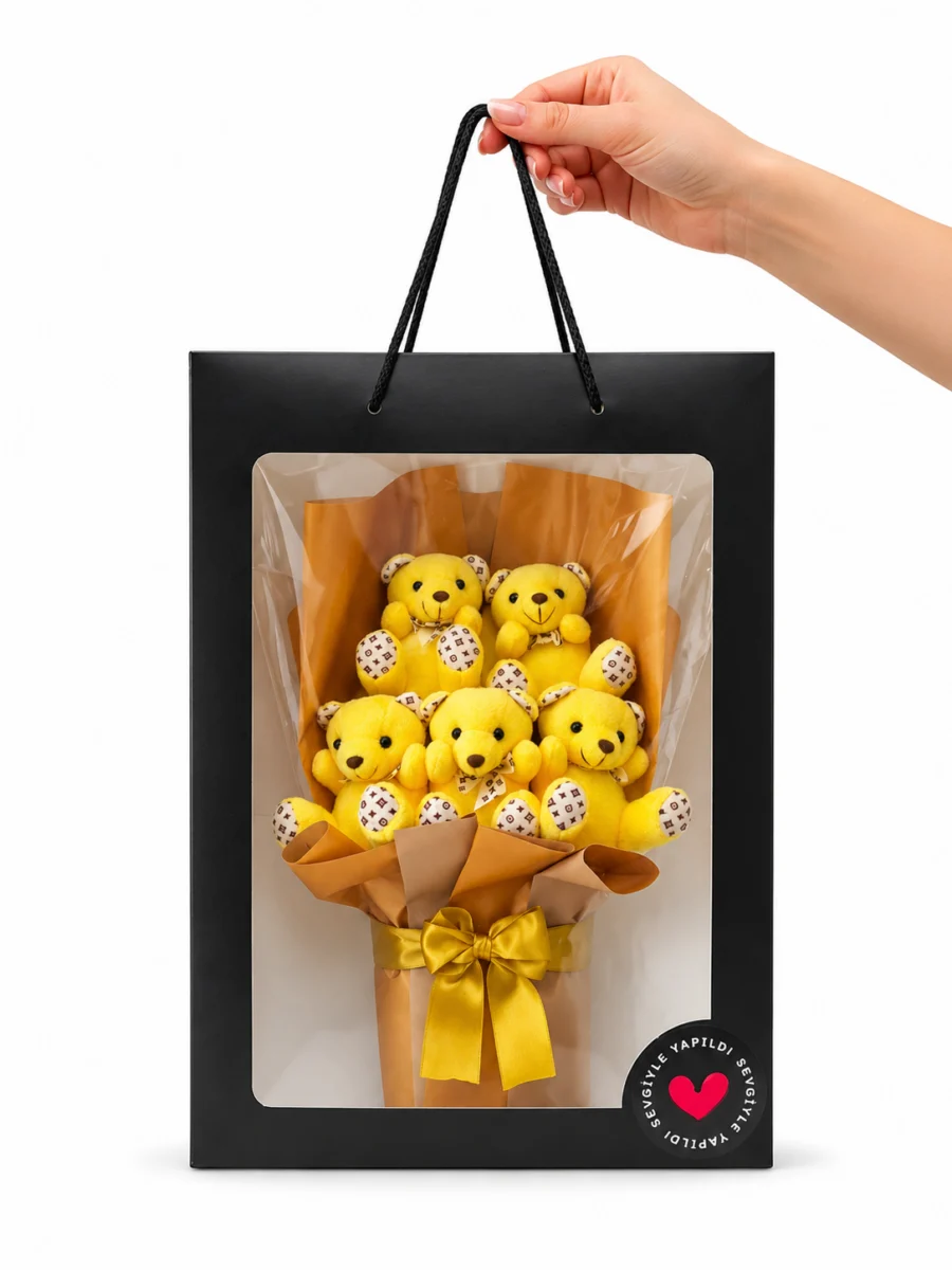 Toptan ayıcık buketi sarı peluş ayıcıklar ve siyah çantalı kutu görünümü