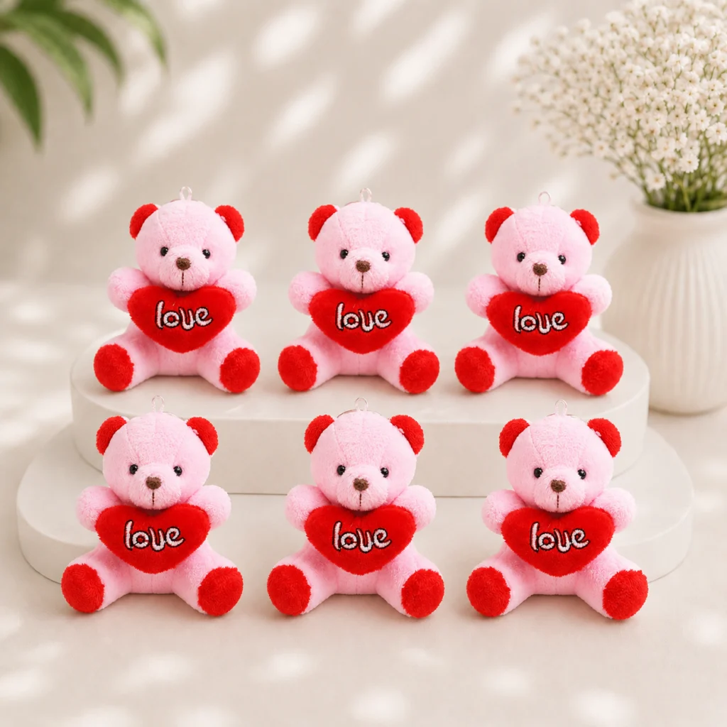 Toptan ayıcık anahtarlık pembe peluş gövdeli kırmızı kalpli love yazılı model