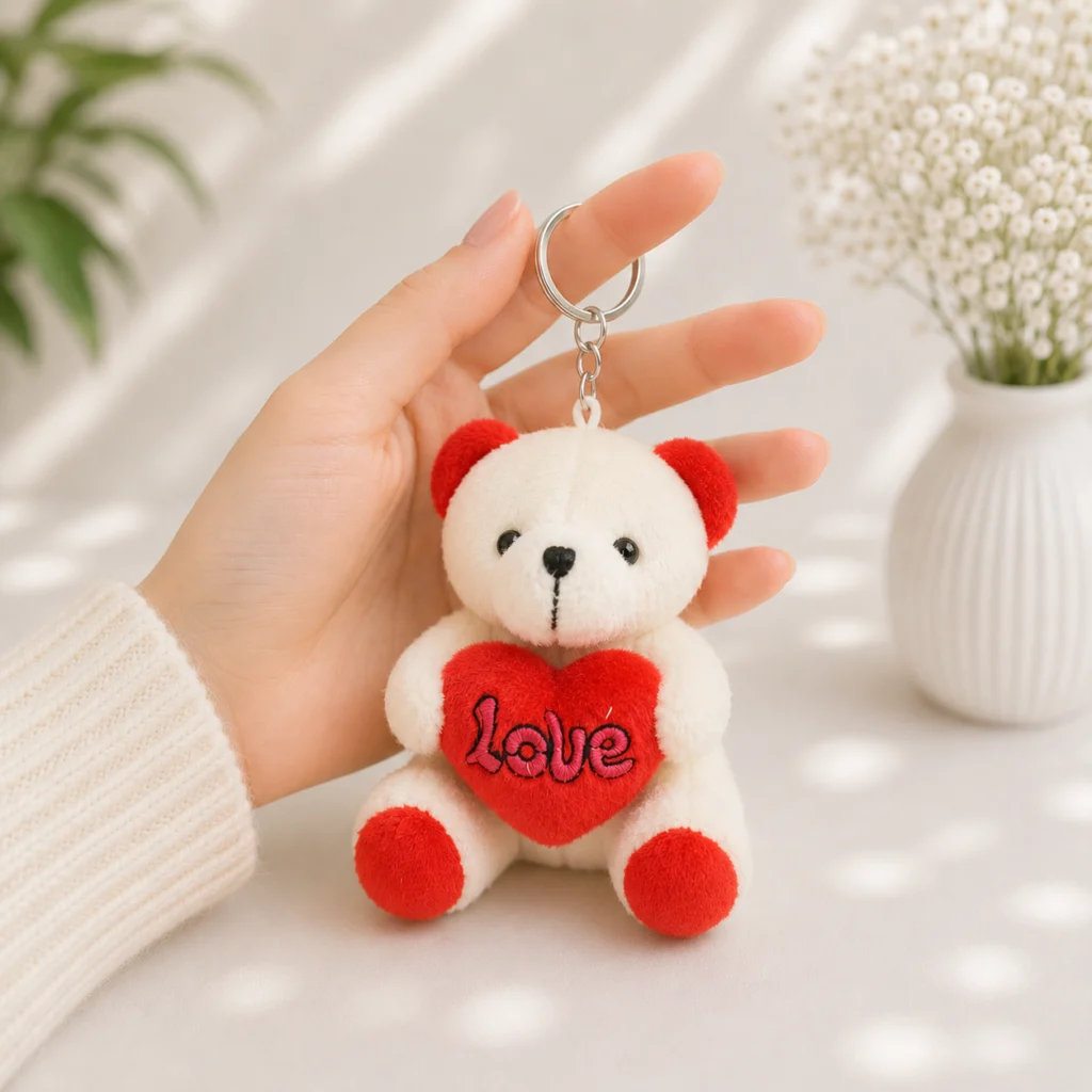 toptan anahtarlık ayıcık beyaz pelüş kırmızı kalpli Love yazılı model