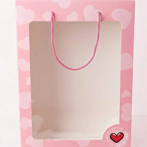 Toptan pembe asetatlı buket kutusu şeffaf pencereli