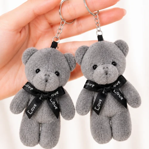 Toptan ayıcık anahtarlık gri peluş siyah fiyonklu model
