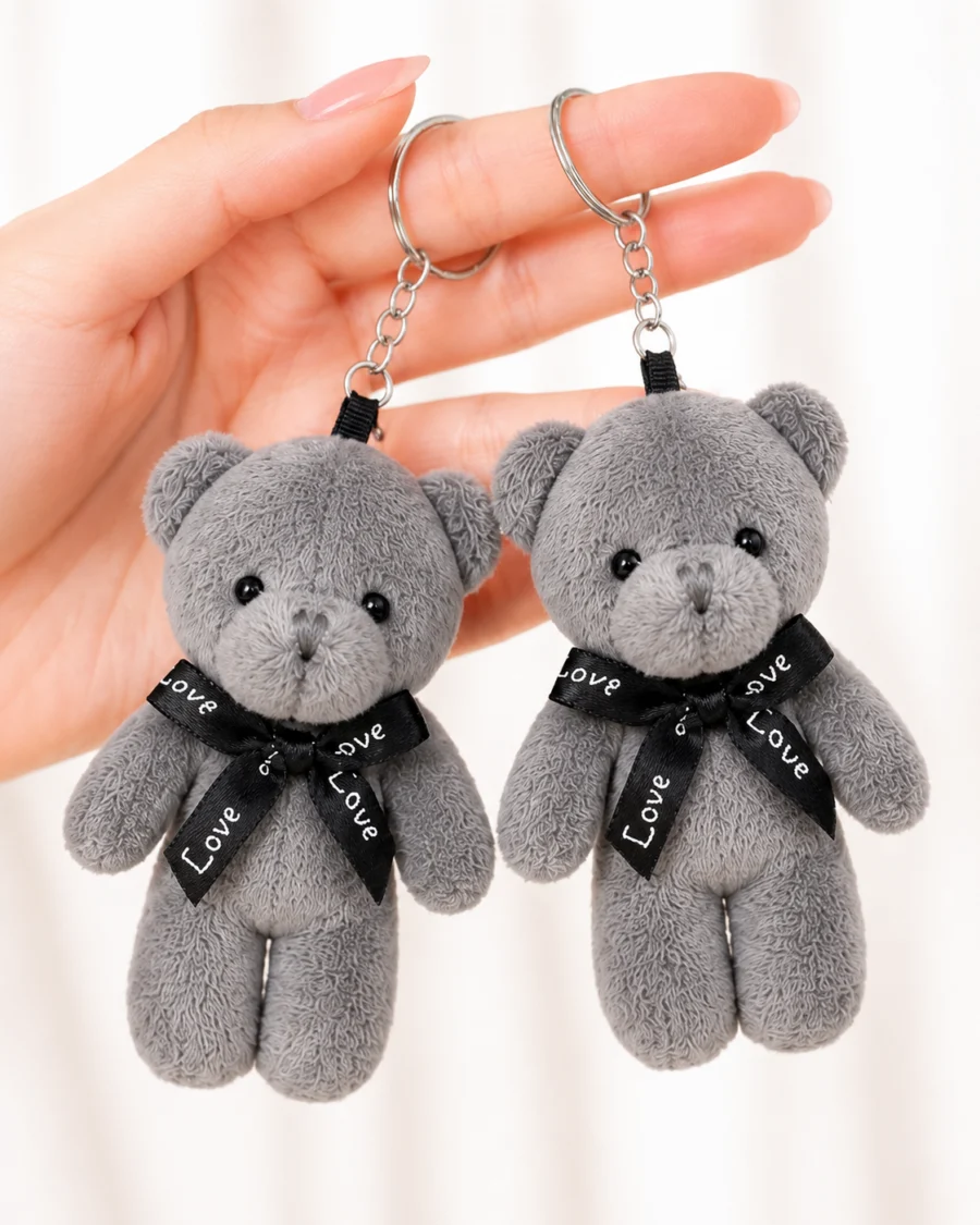 Toptan ayıcık anahtarlık gri peluş siyah fiyonklu model
