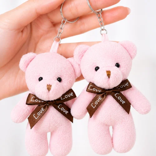 Toptan anahtarlık ayıcık pembe peluş gövdeli Love fiyonklu model