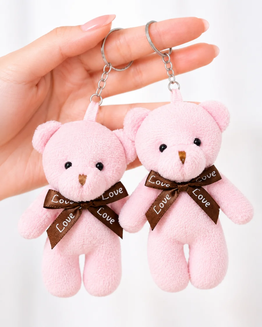 Toptan anahtarlık ayıcık pembe peluş gövdeli Love fiyonklu model