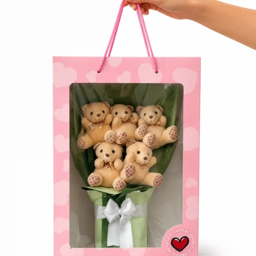 Toptan ayıcık buketi pembe kalp desenli pencereli kutuda 5 peluş ayıcıklı model