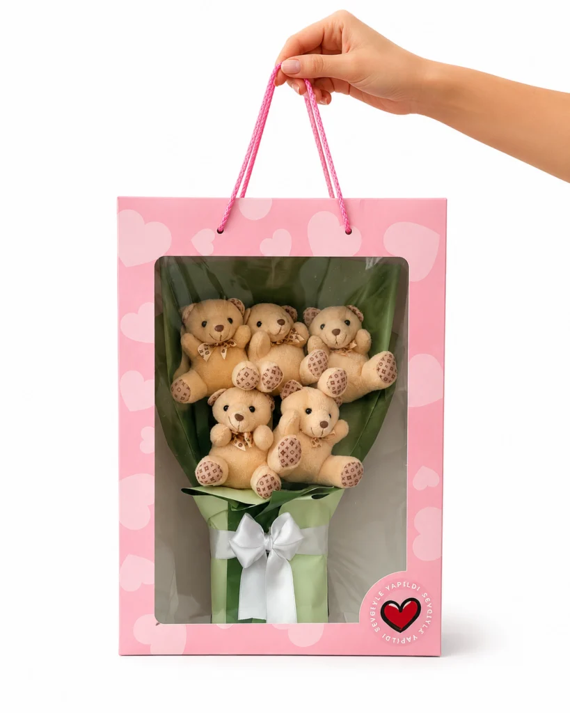 Toptan ayıcık buketi pembe kalp desenli pencereli kutuda 5 peluş ayıcıklı model