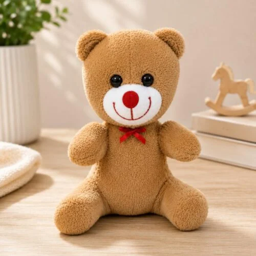 Kahverengi 25 cm peluş ayıcık kırmızı fiyonklu ön görünüm