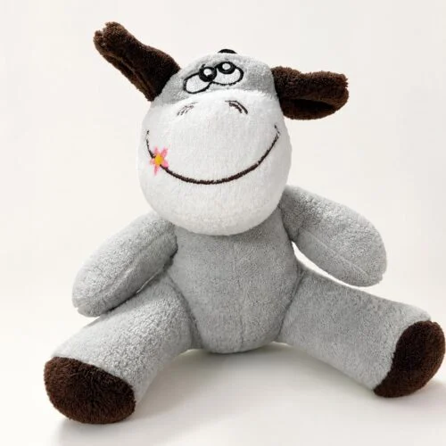 25 cm gri kahverengi peluş eşek oturur form ön görünüm