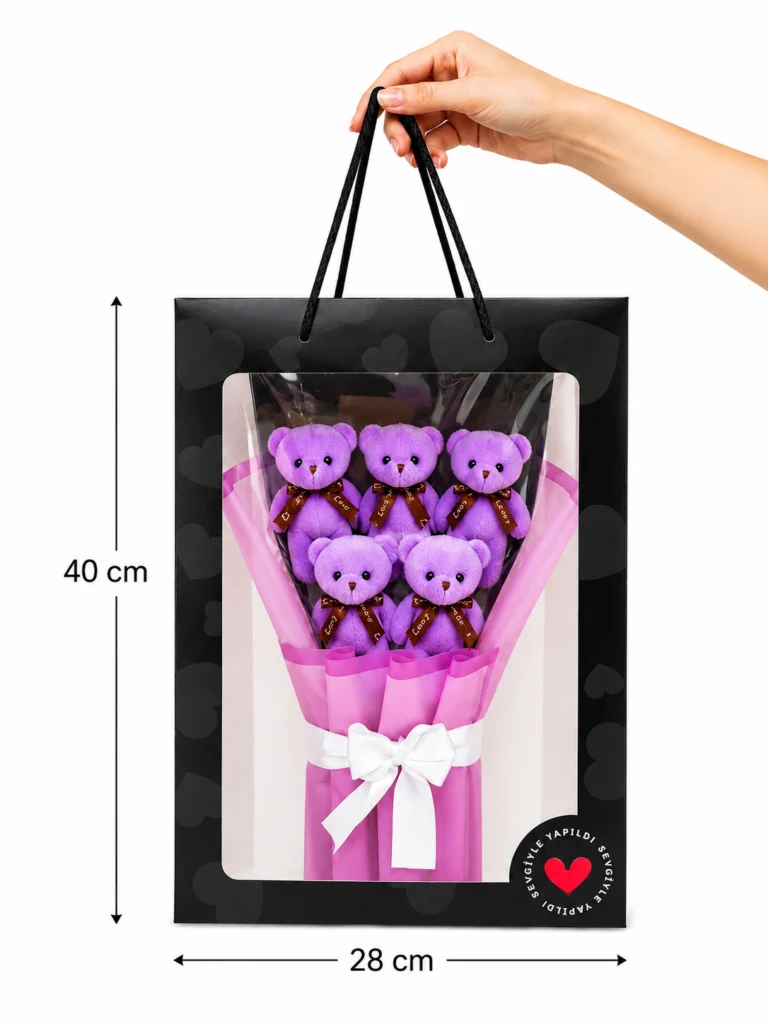 Toptan ayıcık buketi mor peluş ayıcıklar ve pembe sarımlı çantalı model