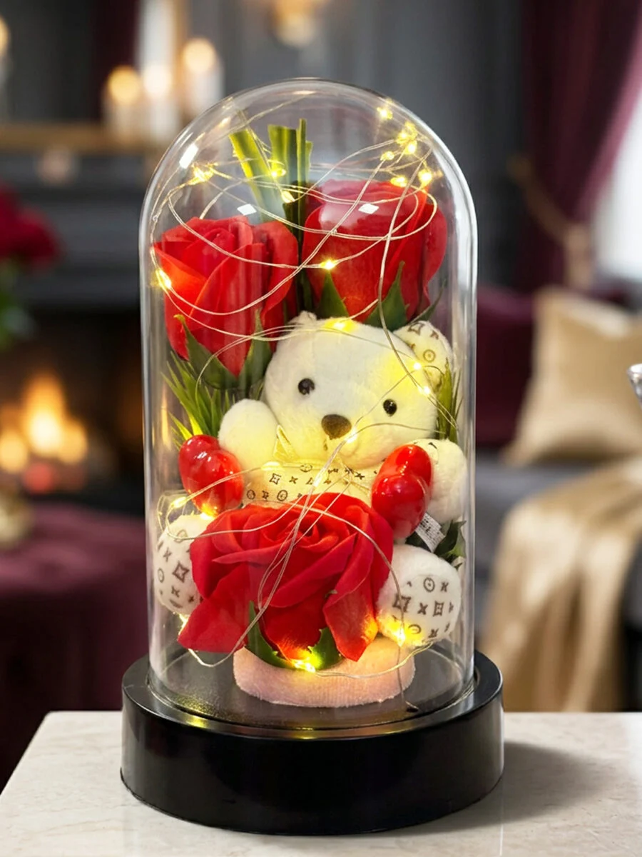 Toptan led ışıklı ayıcıklı güllü fanus 12x20 cm siyah tabanlı hediyelik ürün