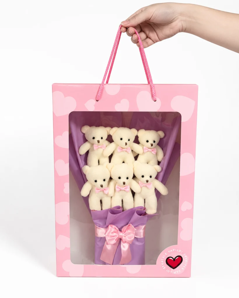 Toptan asetat kutulu 6’lı lila ayıcık buketi 40x28 cm hediyelik ürün