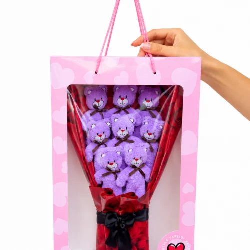 Toptan asetat kutulu mor ayıcık buketi 40x28 cm hediyelik ürün