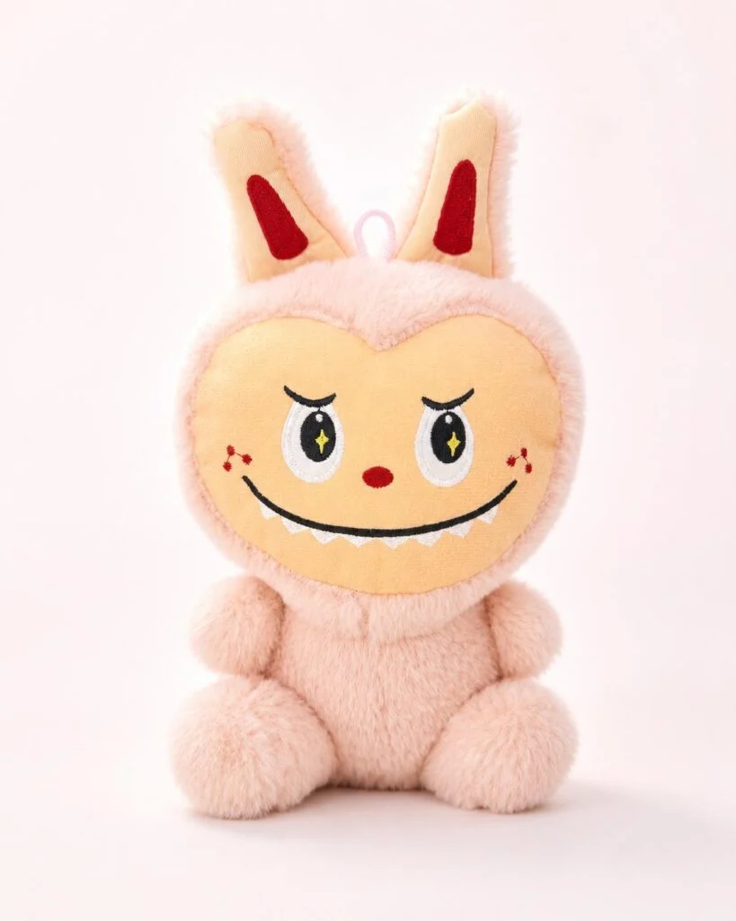 pembe labubu peluş 25 cm oturur form ön görünüm