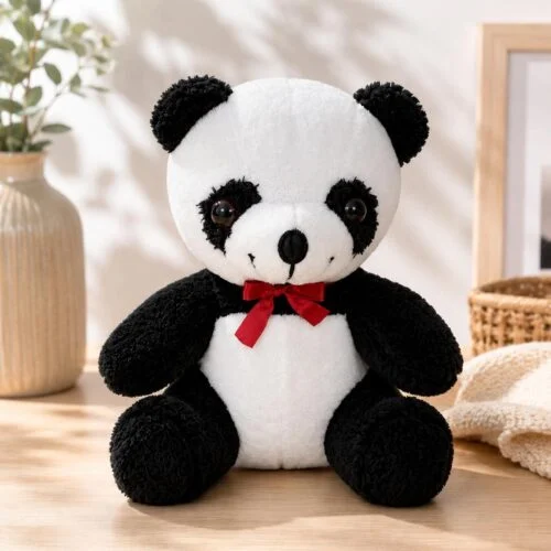 30 cm kırmızı fiyonklu siyah beyaz peluş panda ön görünüm