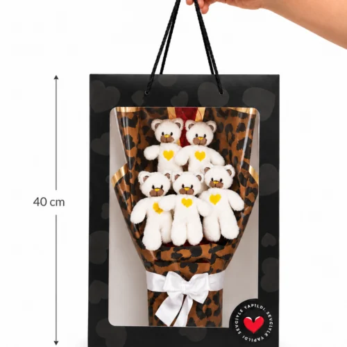 Toptan ayıcık buketi siyah çantalı beyaz peluş ayıcıklar 40x28 cm