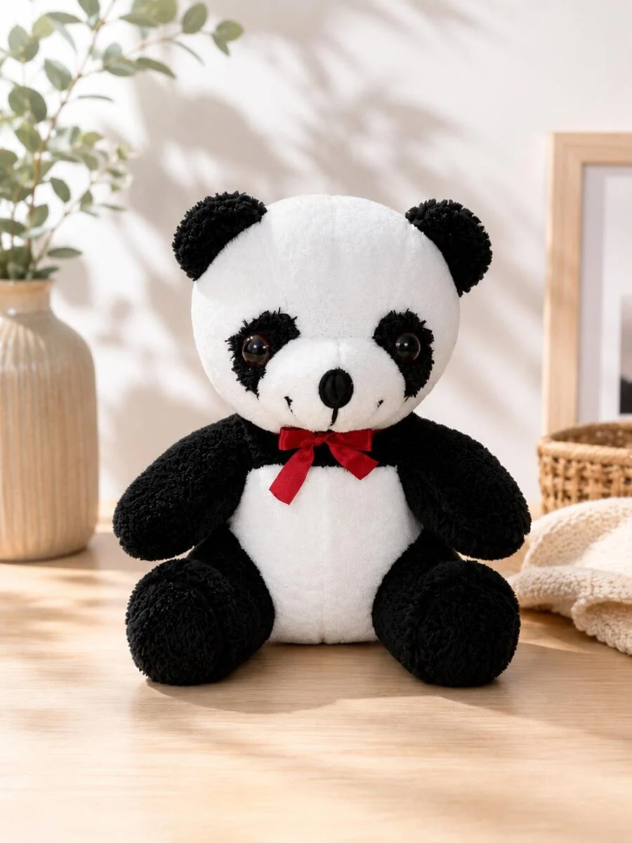 30 cm kırmızı fiyonklu siyah beyaz peluş panda ön görünüm