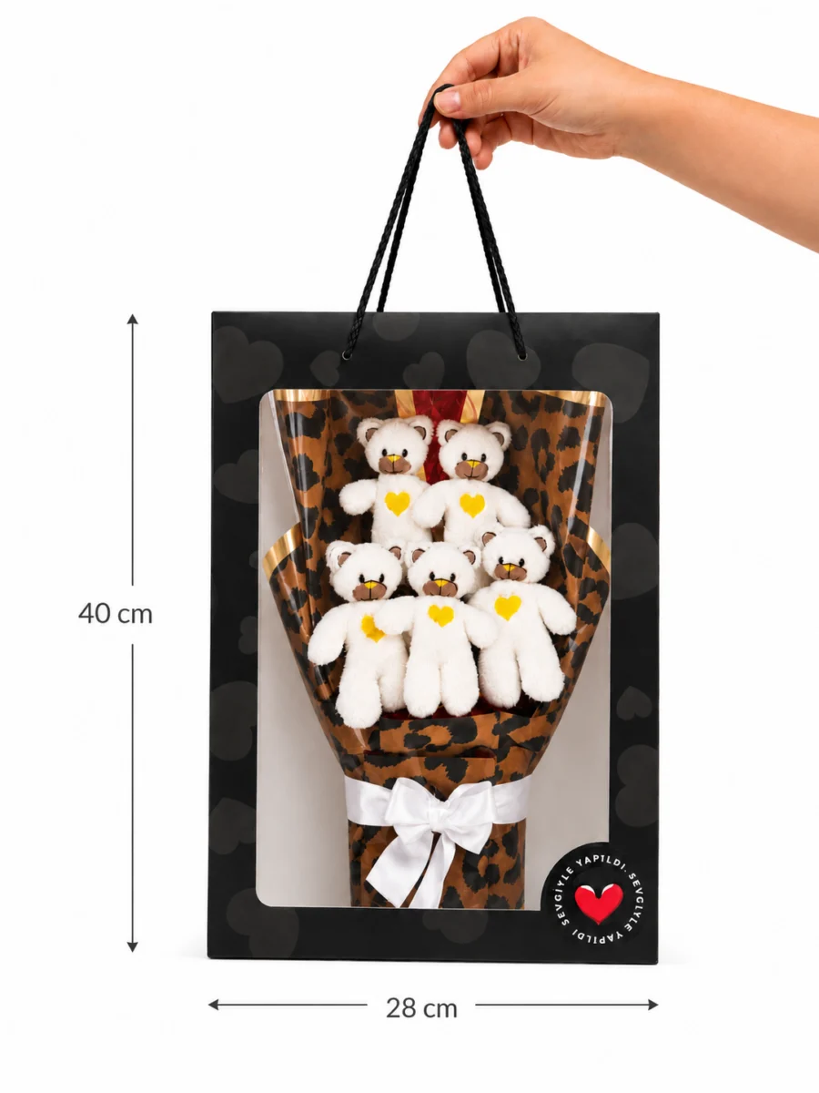 Toptan ayıcık buketi siyah çantalı beyaz peluş ayıcıklar 40x28 cm