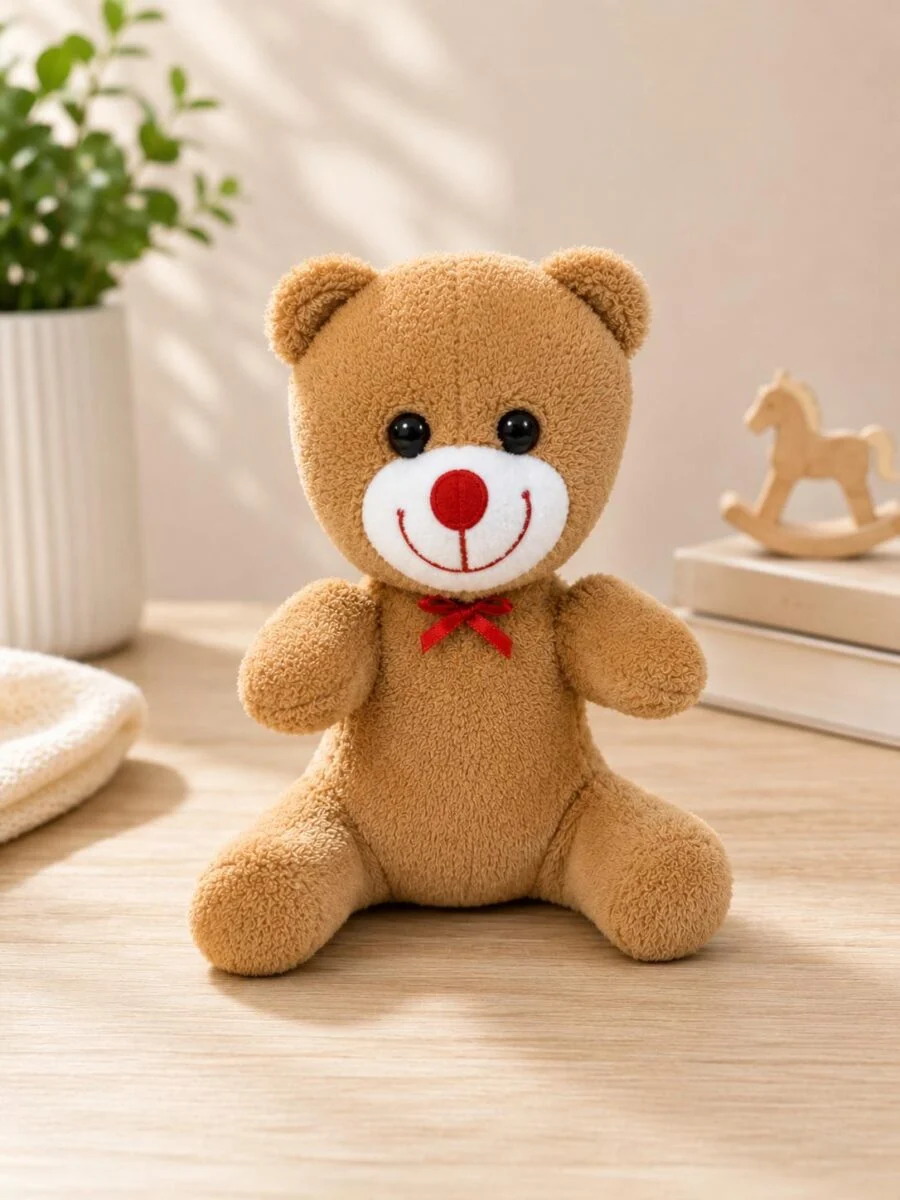 Kahverengi 25 cm peluş ayıcık kırmızı fiyonklu ön görünüm