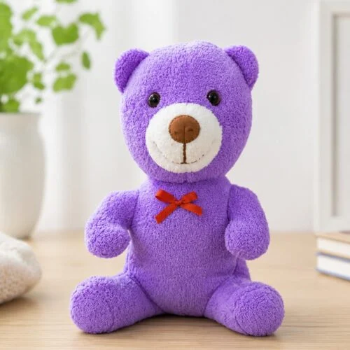 toptan mor peluş ayıcık yüz ve kırmızı fiyonk detayı