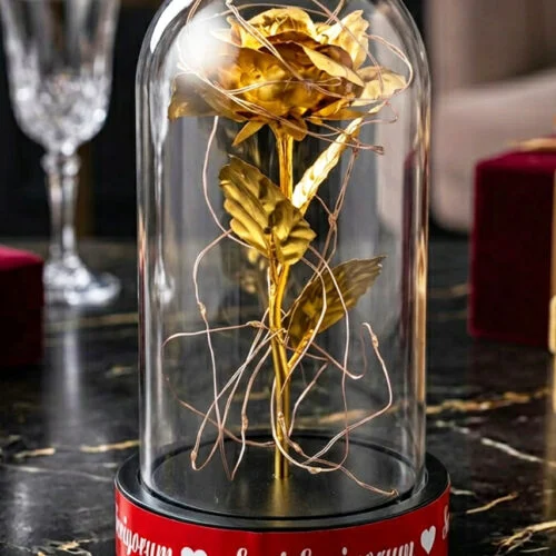 Gold güllü led fanus seni seviyorum yazılı romantik hediyelik ürün
