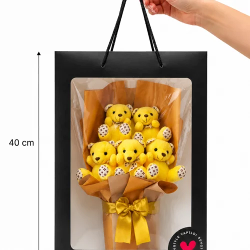 Sarı peluş ayıcık buketinin 40 cm yüksekliğinde 28 cm genişliğinde kutu ölçü detaylı görünümü