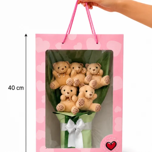 Pembe kutulu 5 peluş ayıcık buketi 40 cm yükseklik ve 28 cm genişlik ölçü görseli