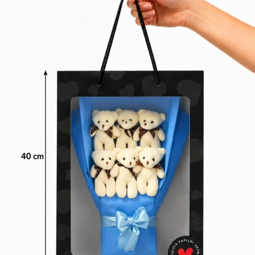 mavi ayıcık buketi ölçü detaylı 40 x 28 cm siyah taşıma kutusu
