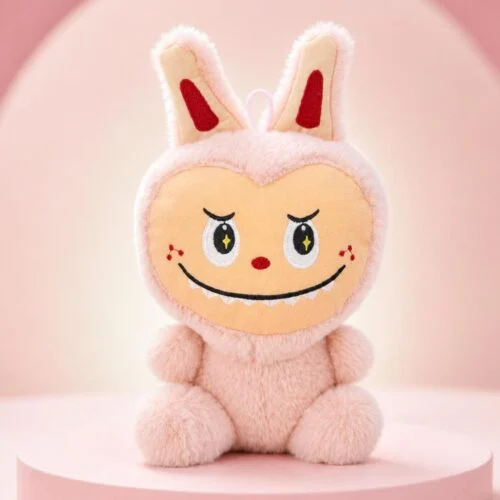 pembe labubu peluş işlemeli yüz ve kırmızı kulak detayı