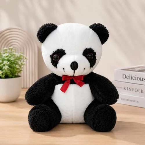 oturur formda kırmızı fiyonklu peluş panda galeri görseli